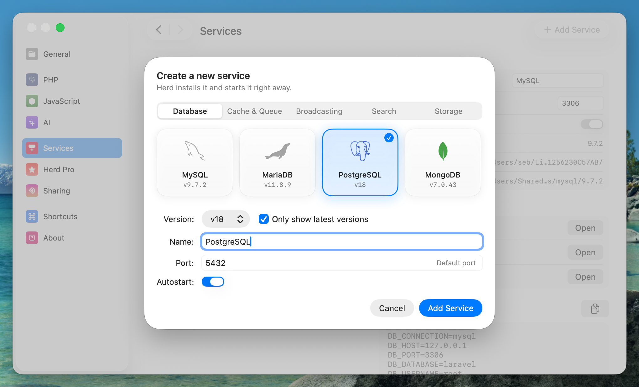 Screenshot of PostgreSQL settings