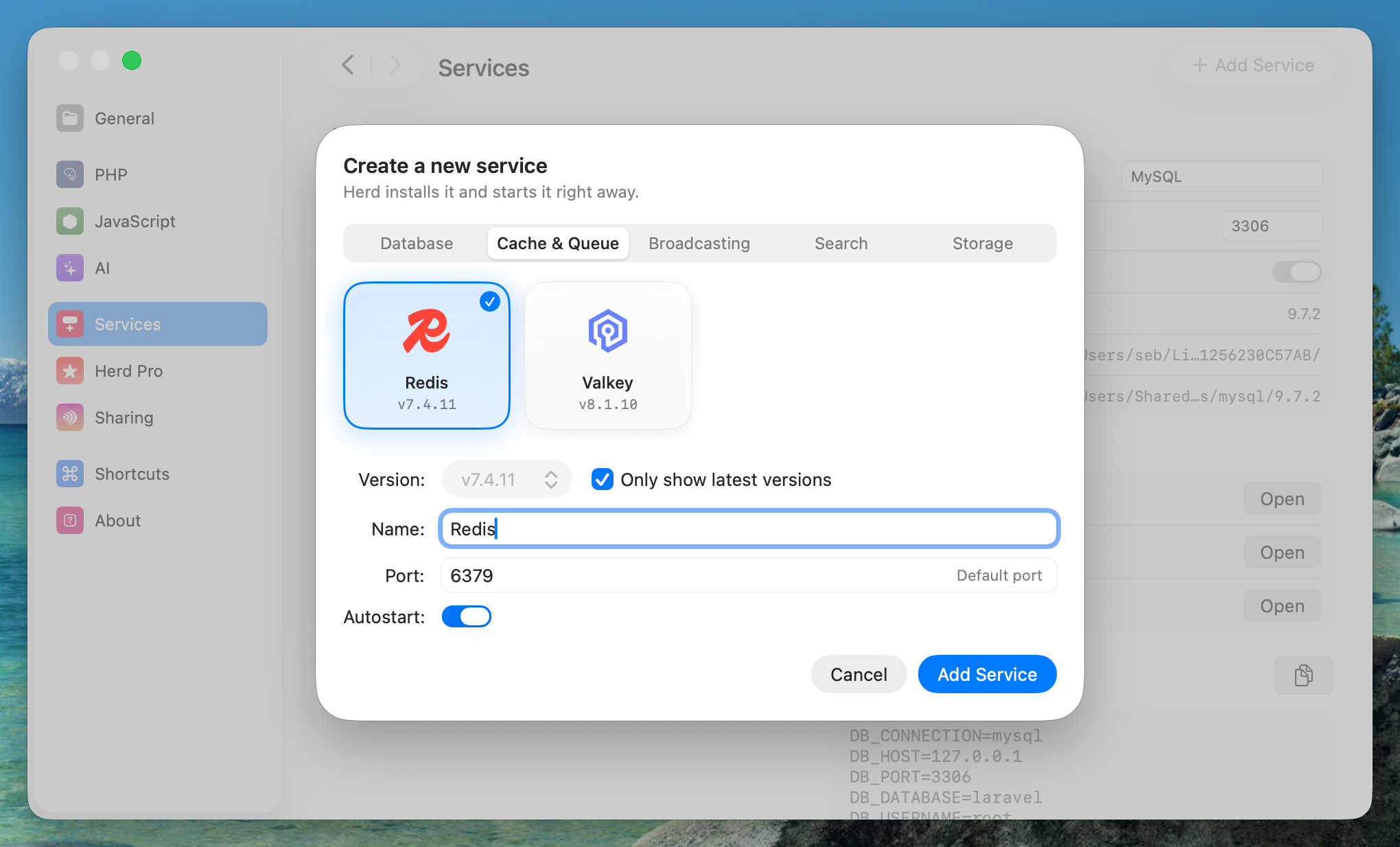 Screenshot of MySQL settings