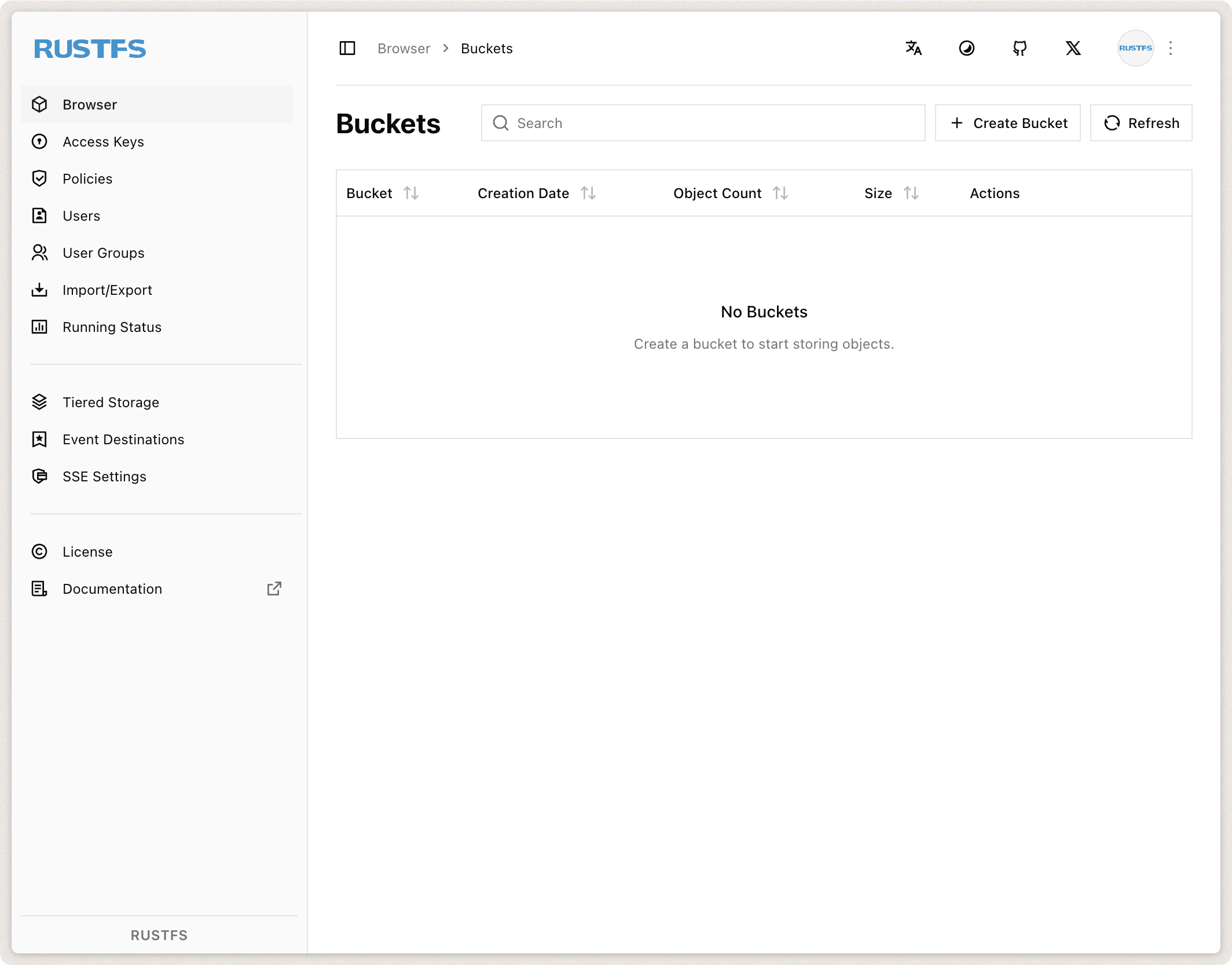 Screenshot of the RustFS dashboard