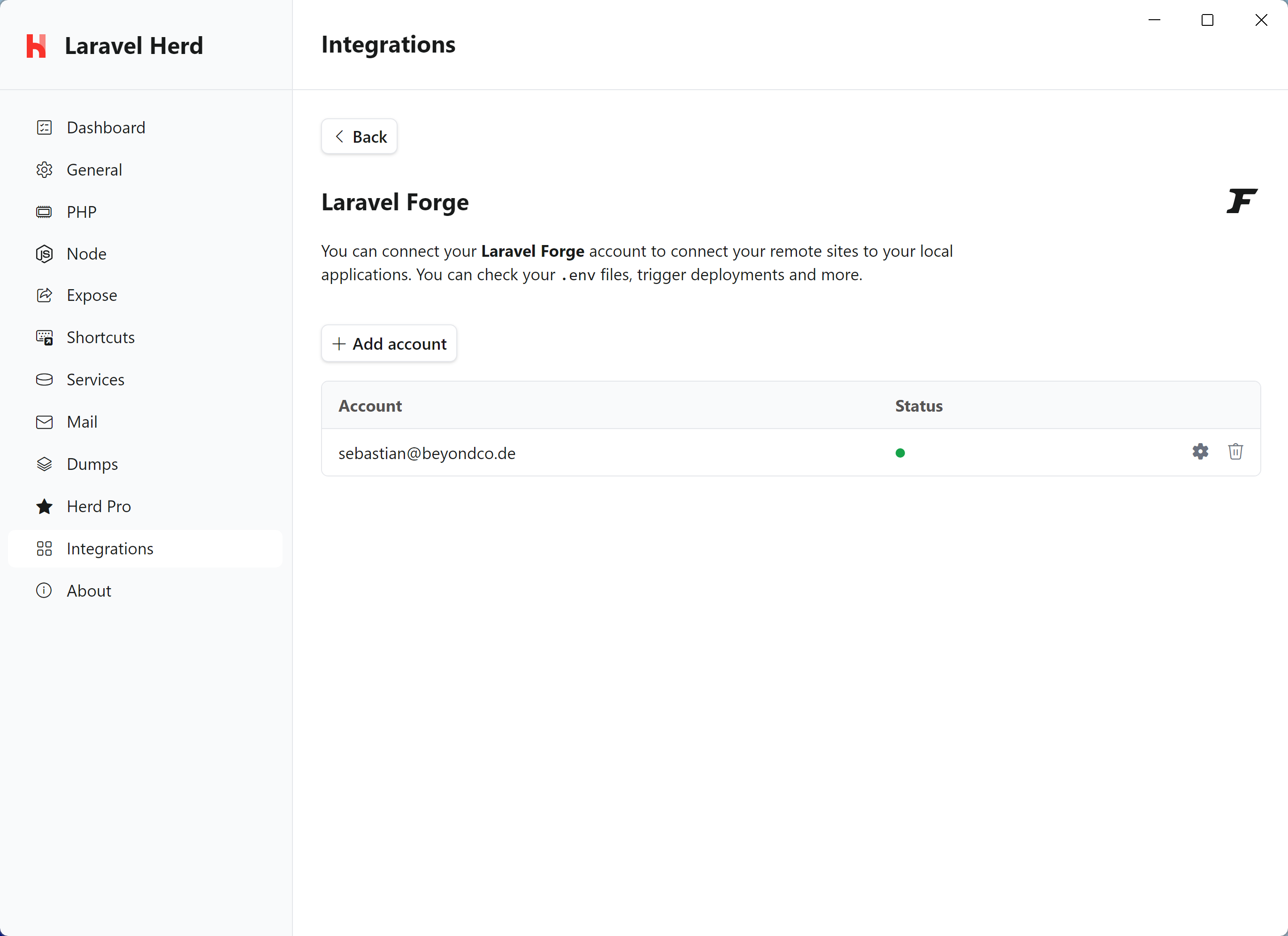 Integrations Settings with a connected Forge account