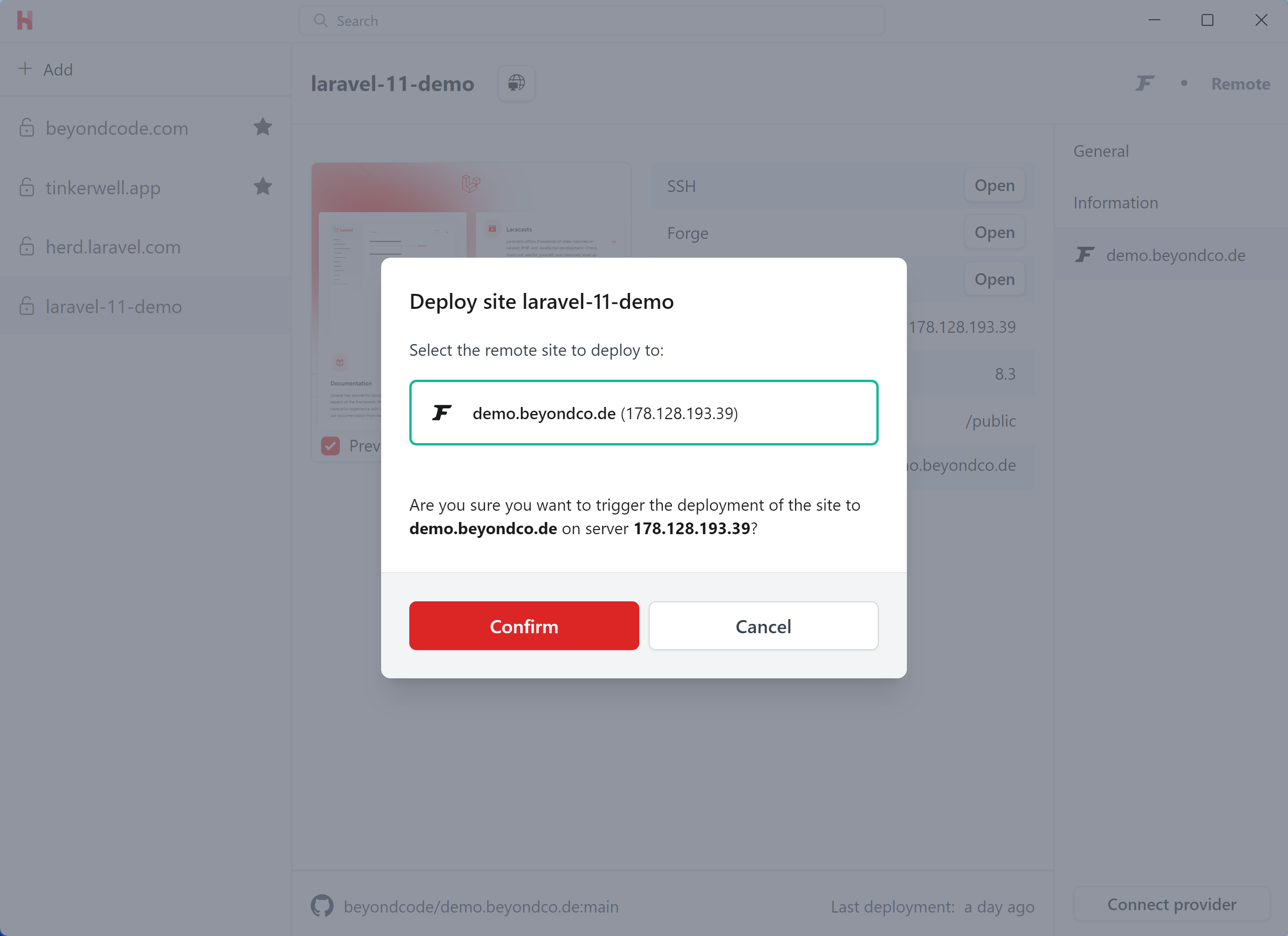 Confirmation screen for the deployment