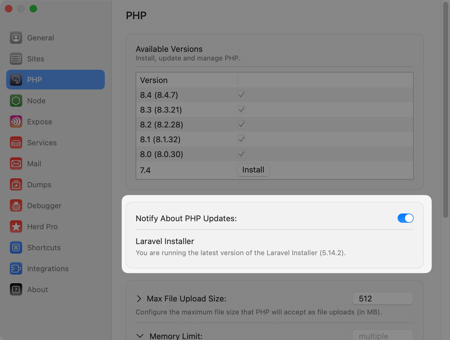 Image of the PHP Settings of Herd with a highlight on the update button for Laravel