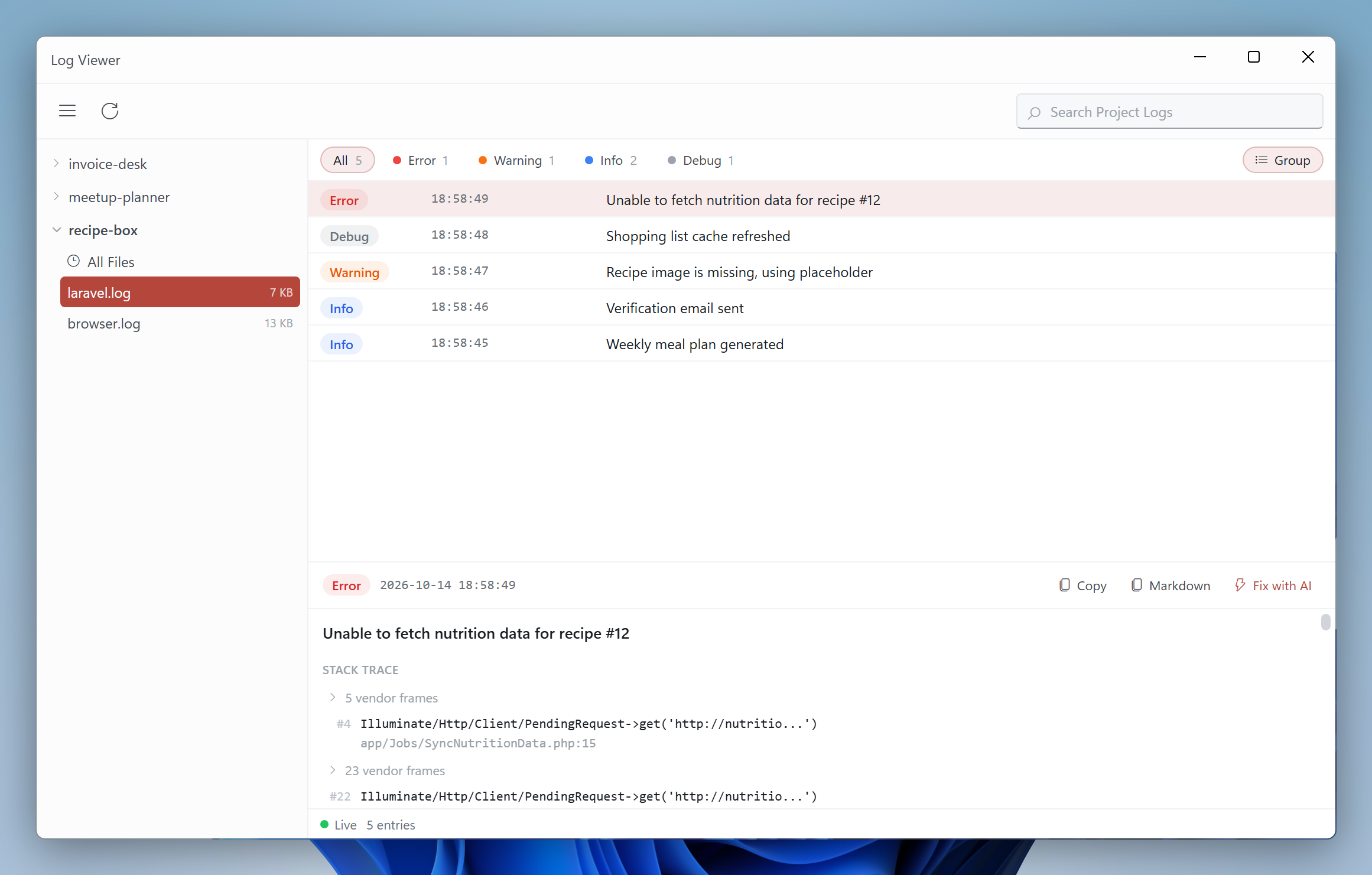 Log Viewer with the details of an error