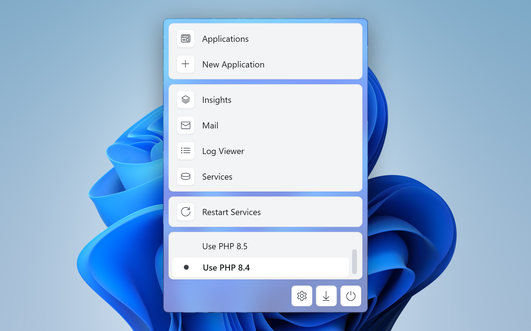 Herd system tray menu with the PHP versions