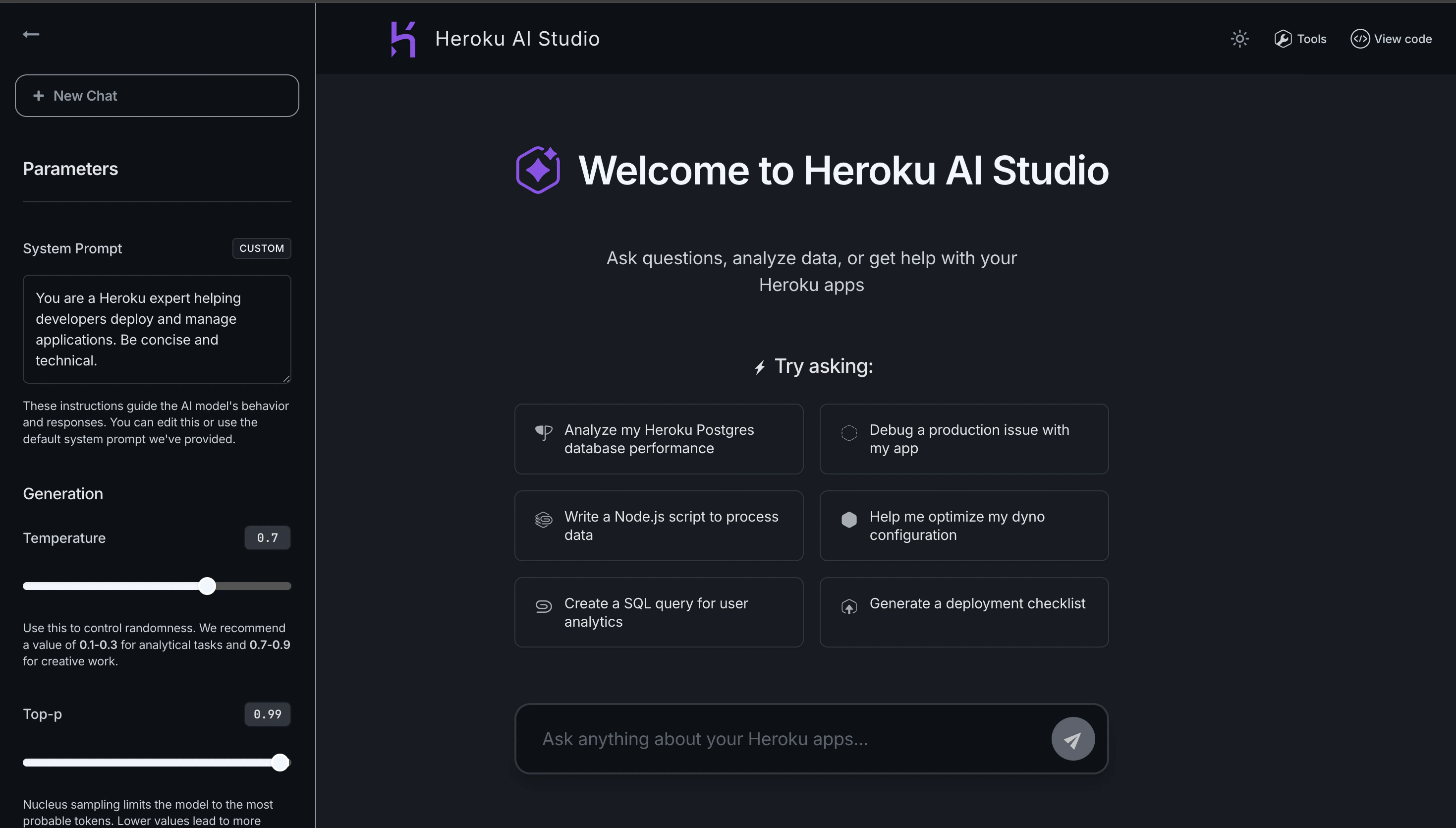 Heroku AI Studio chat interface
