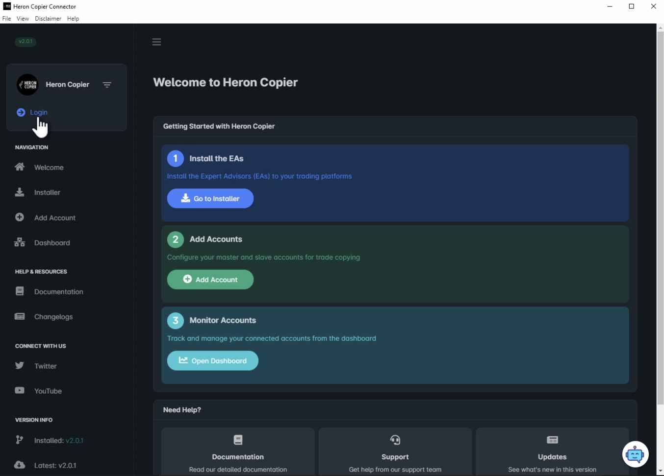 Heron Copier Connector App Login