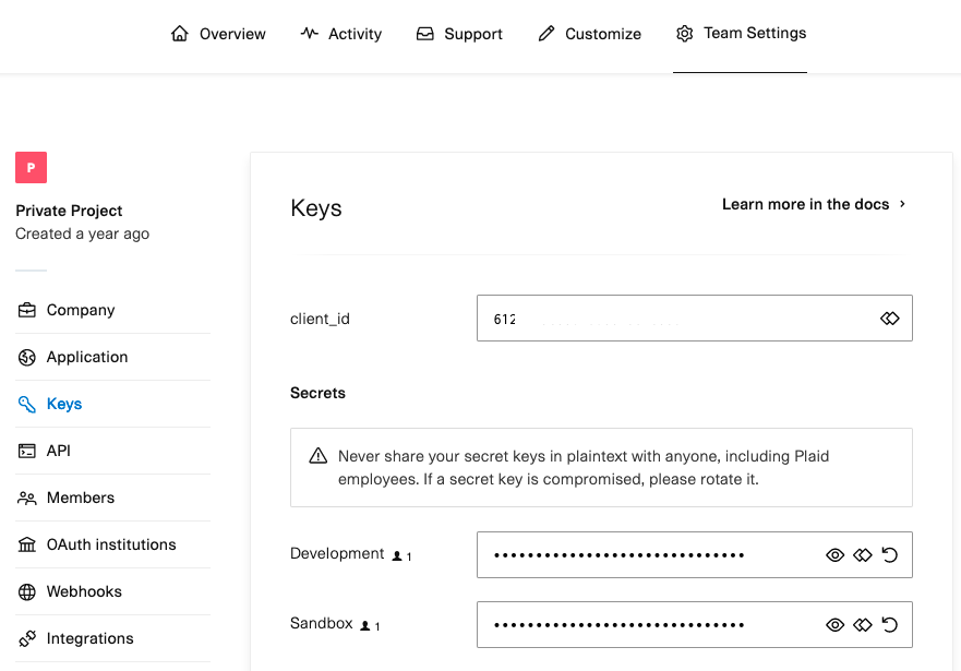 Plaid Dashboard Keys