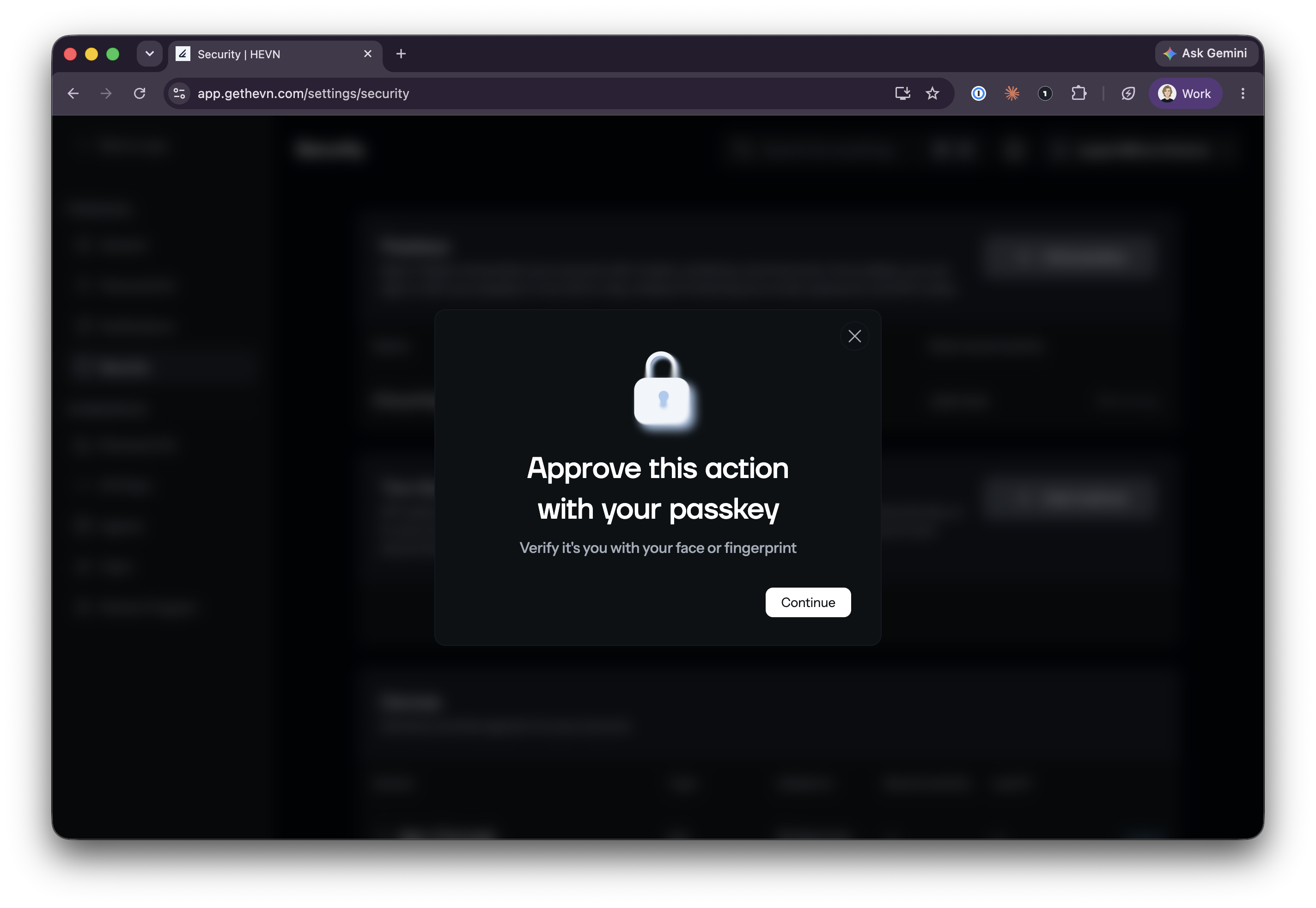 HEVN dialog asking to approve an action with a passkey via face or fingerprint