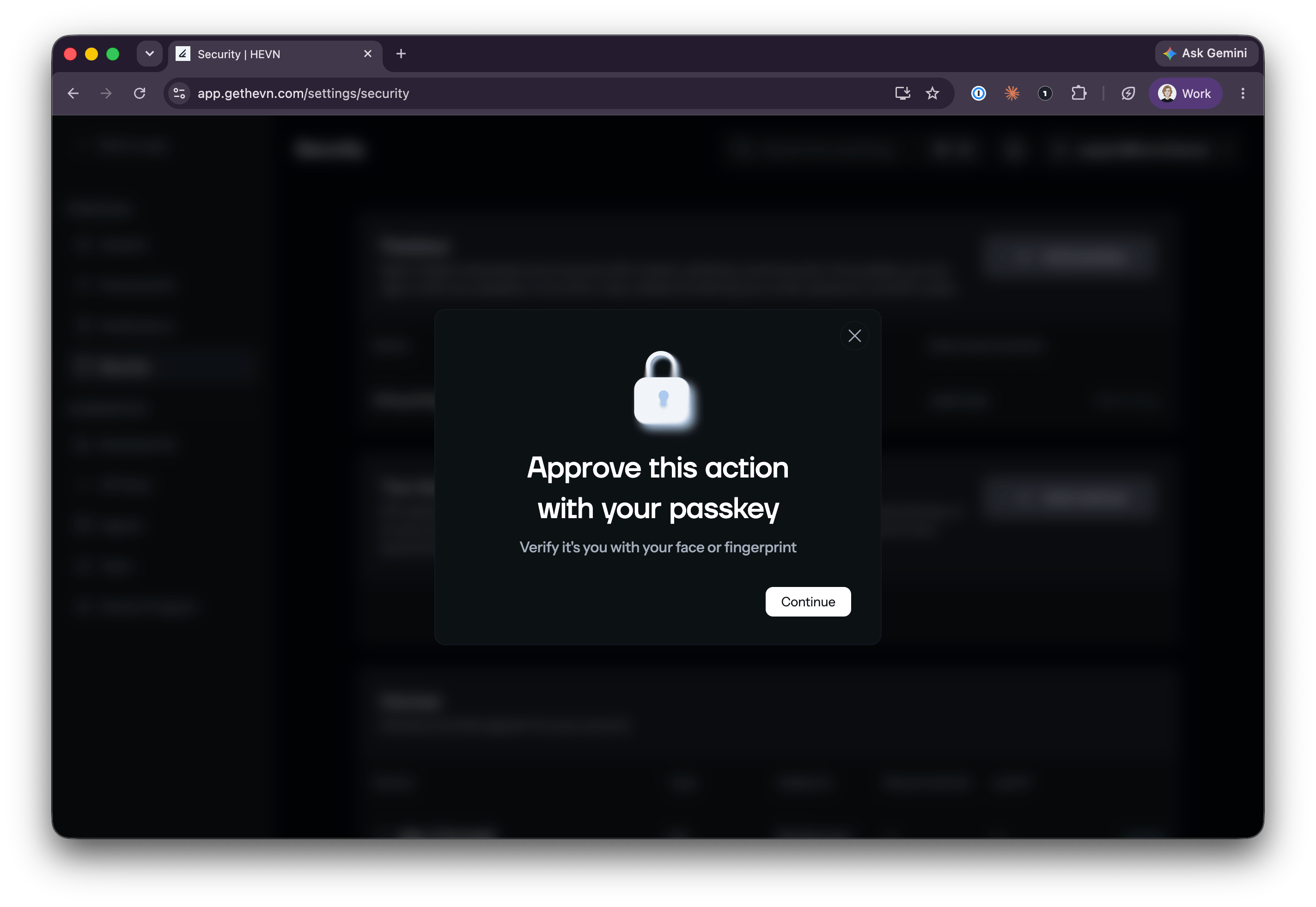 HEVN dialog asking to approve an action with a passkey via face or fingerprint