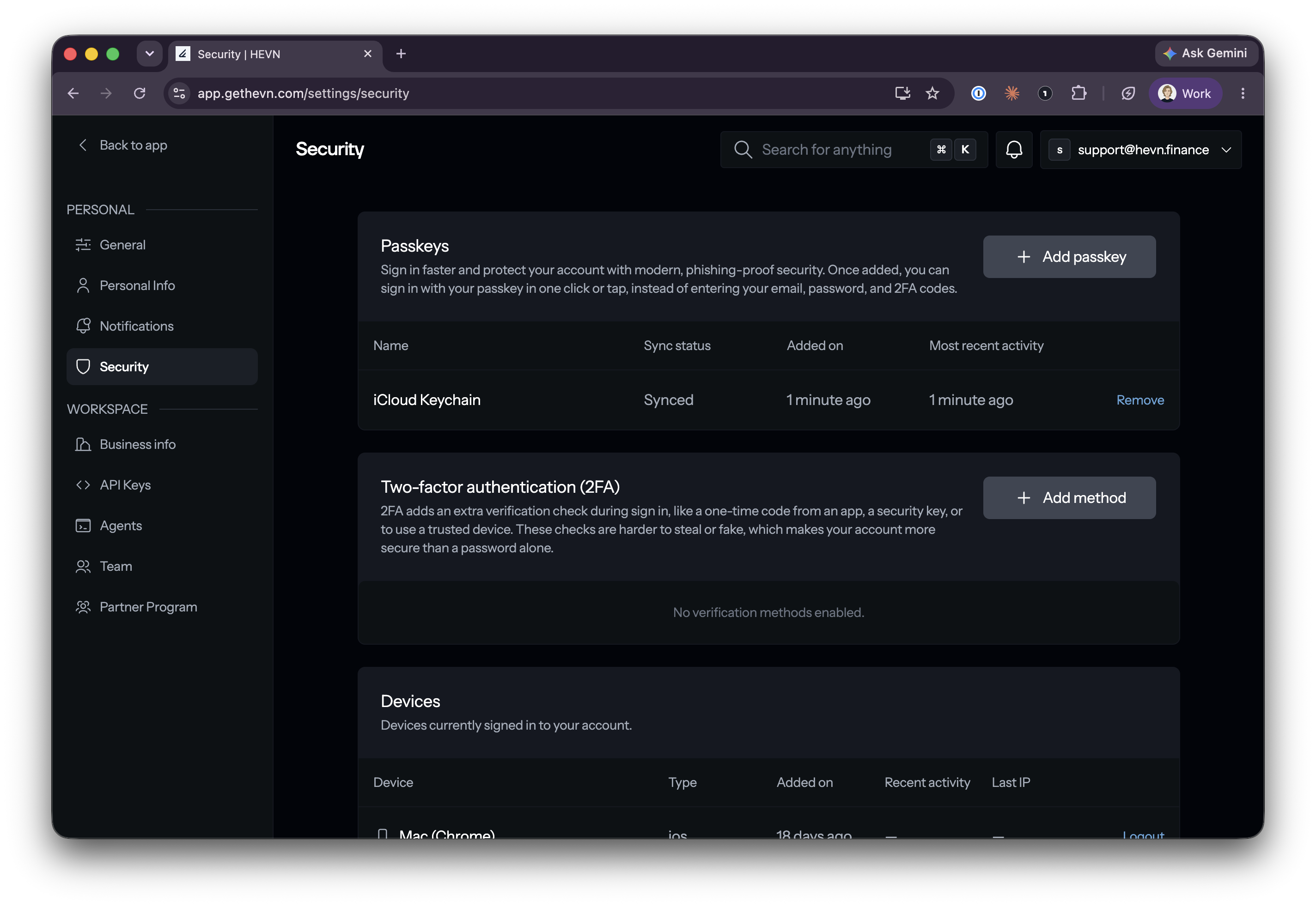 HEVN security settings page with passkeys, two-factor authentication and devices sections