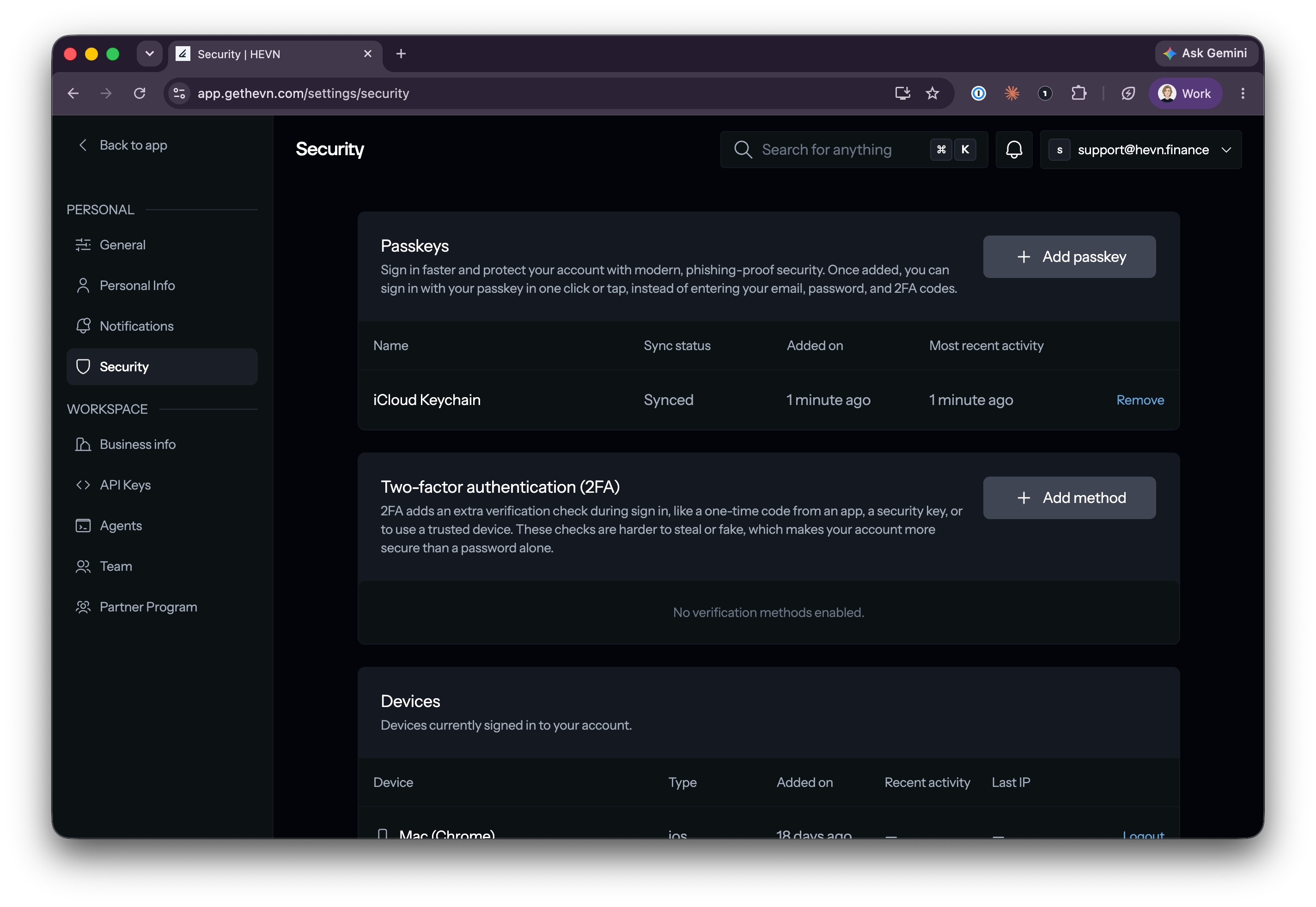 HEVN security settings page with passkeys, two-factor authentication and devices sections