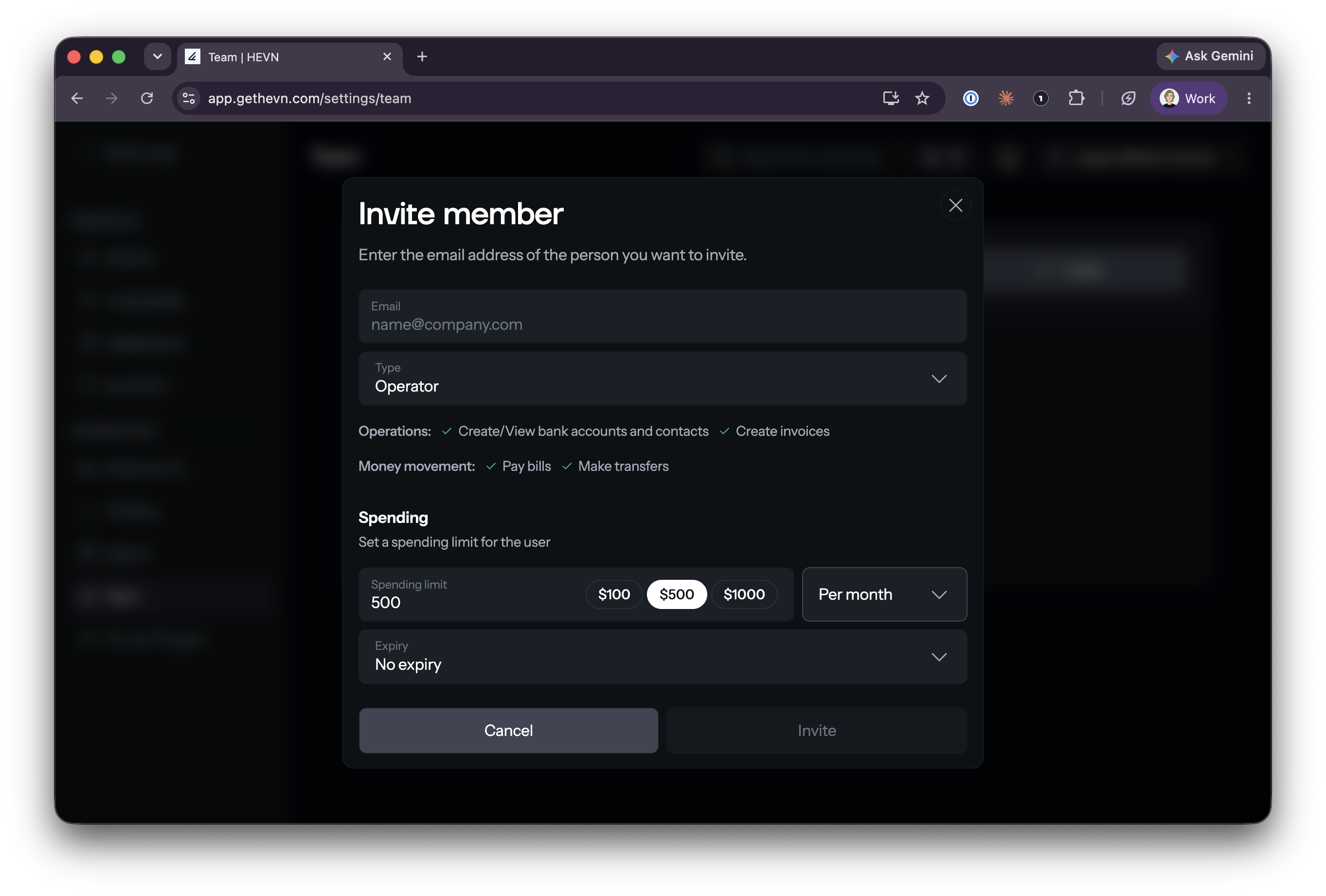 Invite member dialog with role, operations, spending limit and expiry
