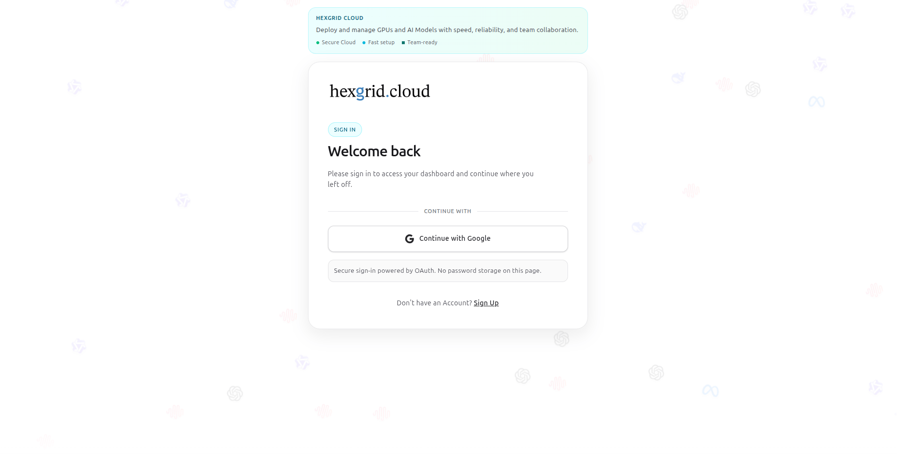 HexGrid Cloud sign-up page