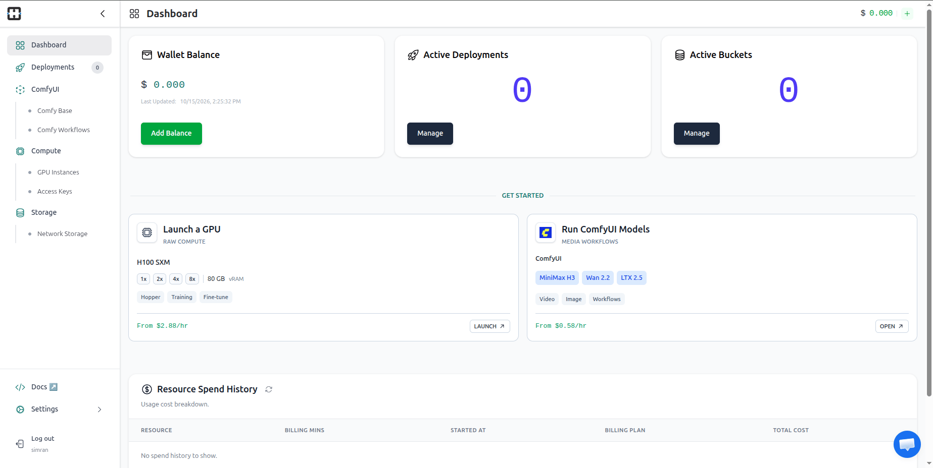 Dashboard with the Wallet Balance card