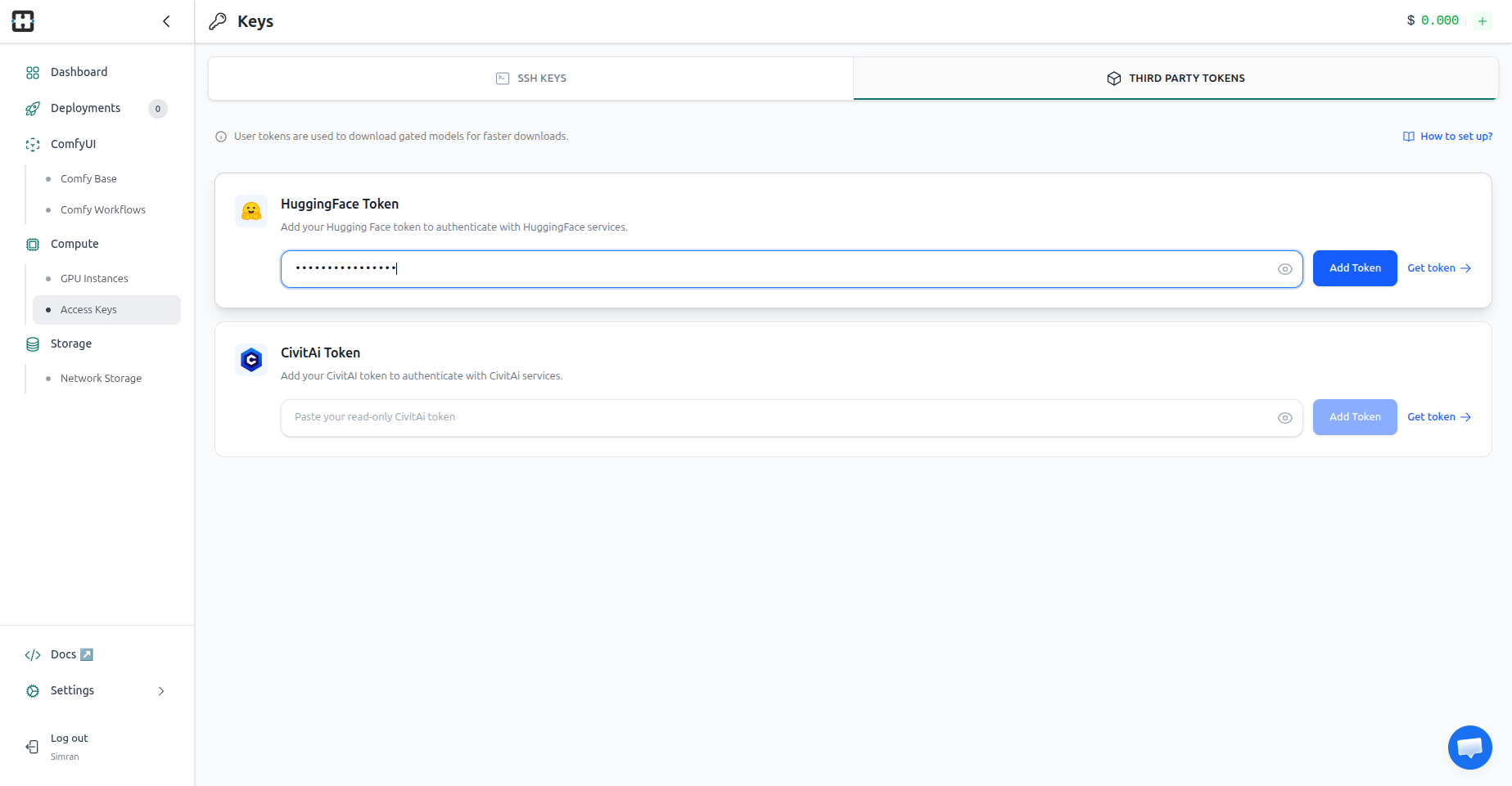 Token pasted into the HuggingFace Token field