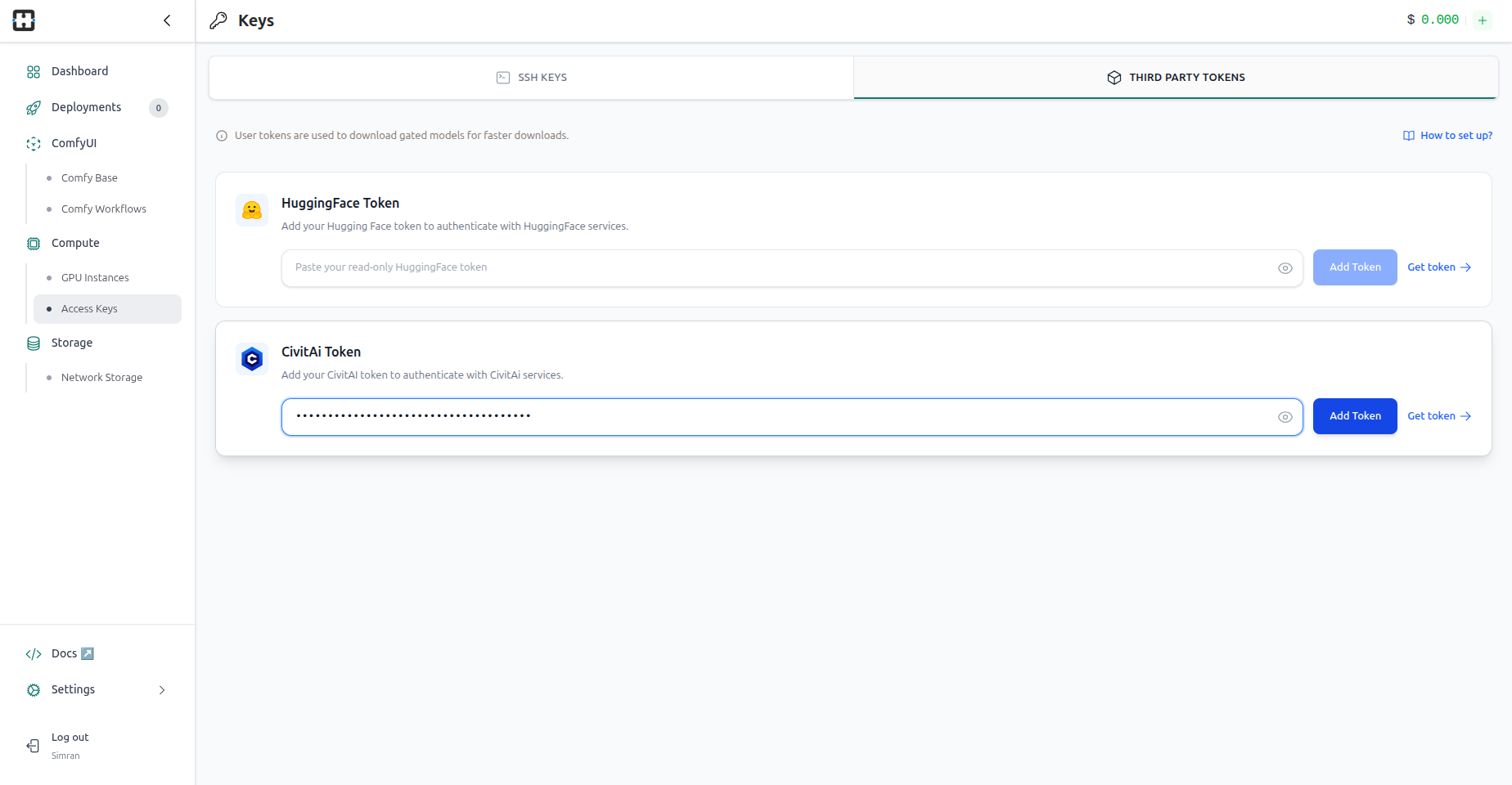 API key pasted into the CivitAI Token field