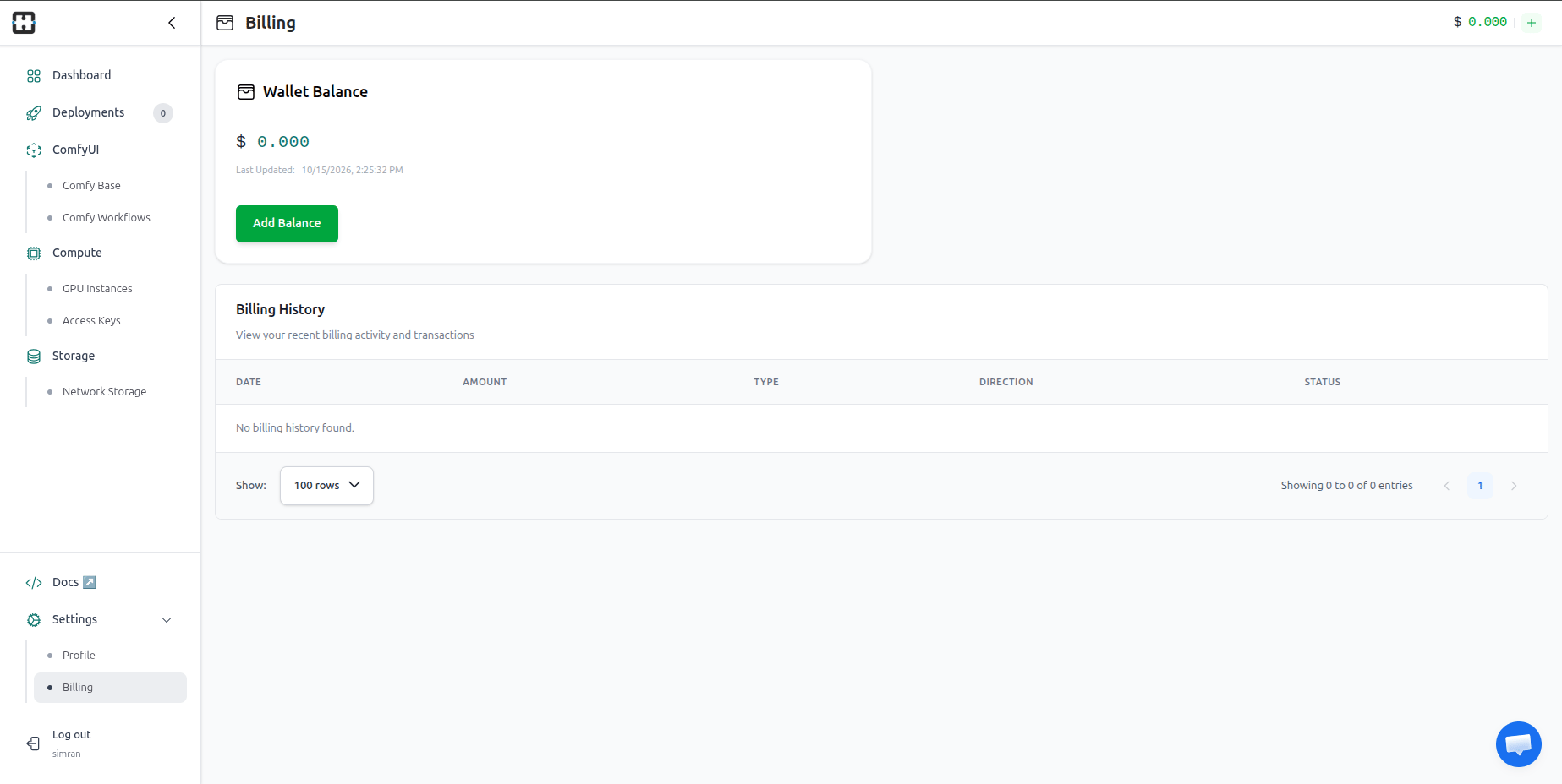 Billing page with wallet balance and Billing History