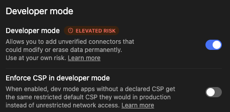 ChatGPT's Developer mode toggle, switched on, with an elevated risk badge