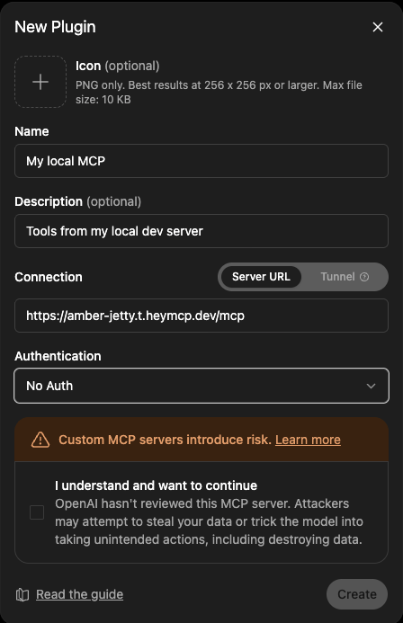 ChatGPT's New Plugin dialog with a name, description, HeyMCP tunnel URL and No Auth selected
