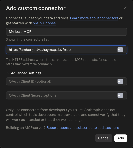 Claude's Add custom connector dialog with a name and a HeyMCP tunnel URL filled in