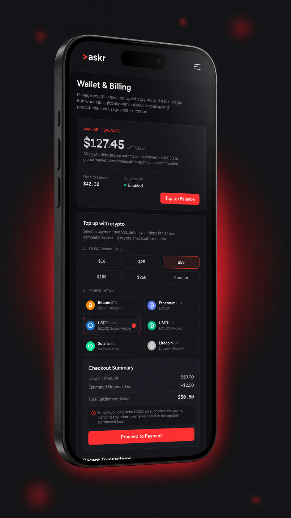 Top up your Askr balance with crypto or card