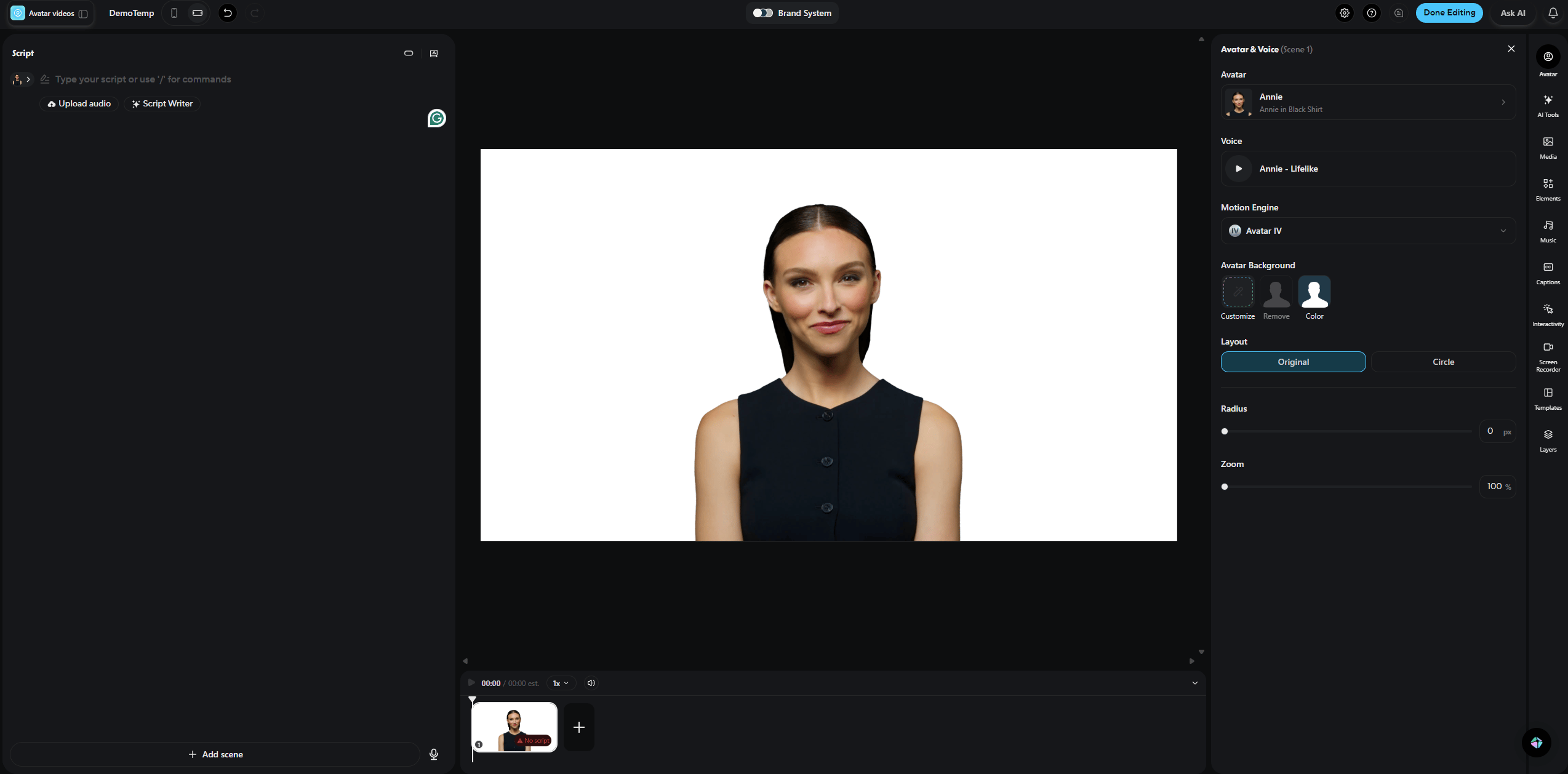 HeyGen Studio editor with an avatar on the canvas