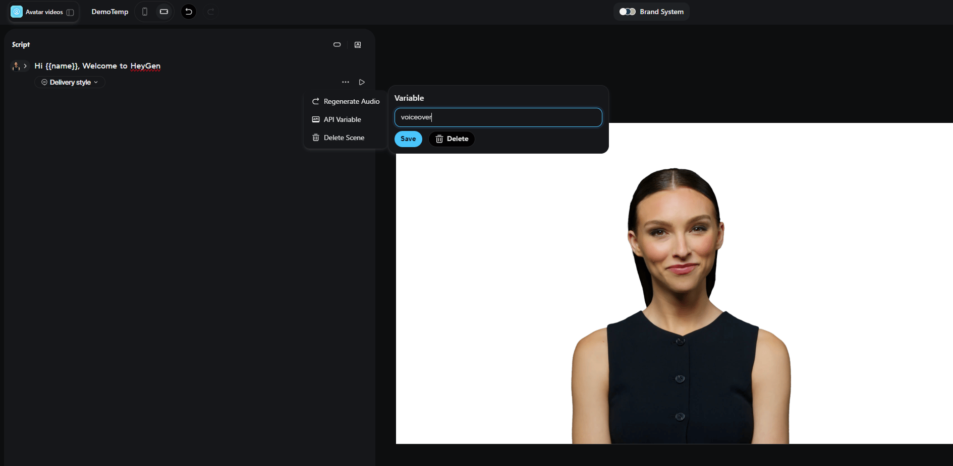 Three-dots menu with API Variable, naming the voice variable voiceover