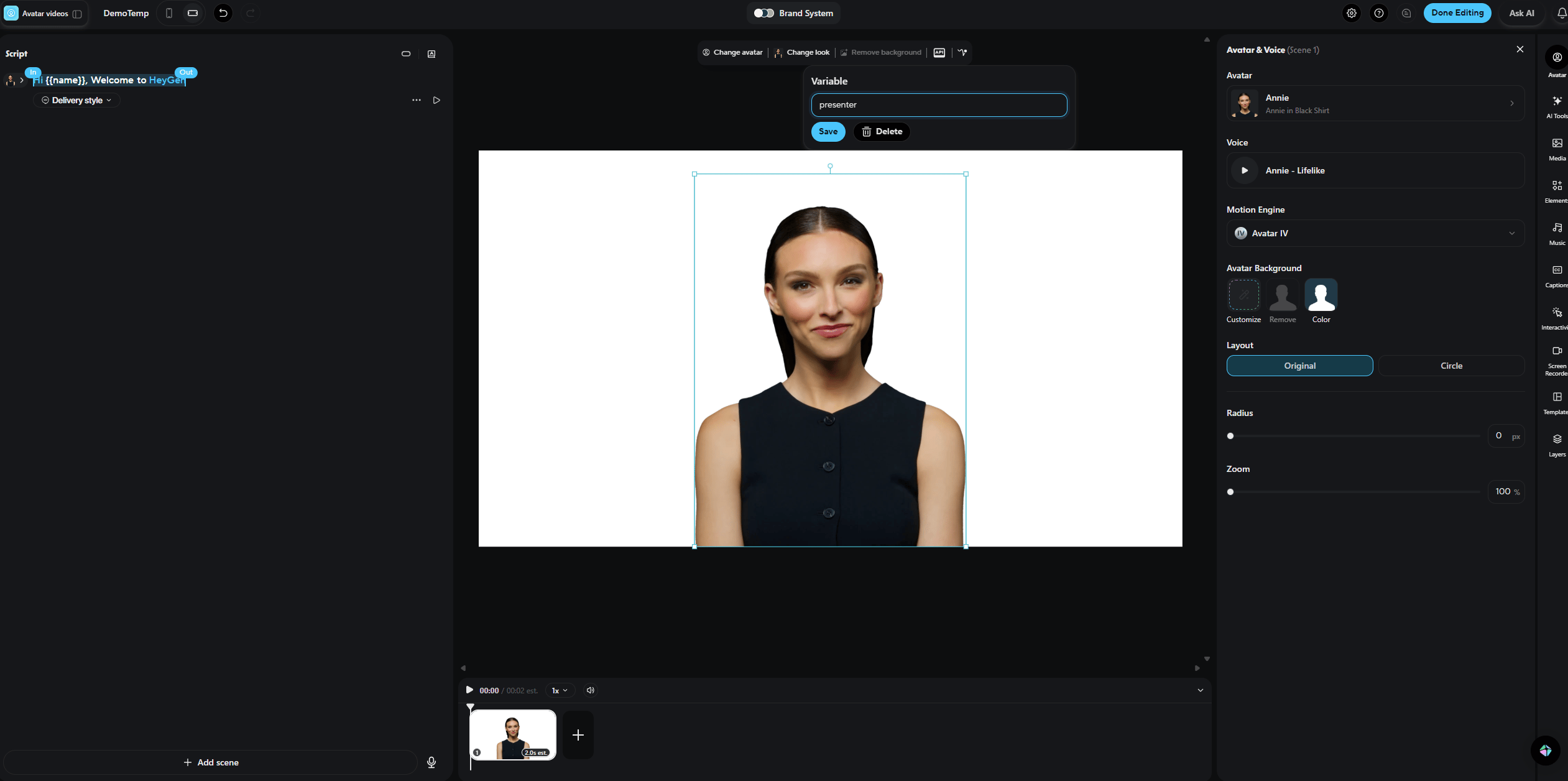 Avatar selected with the API button, naming the character variable presenter