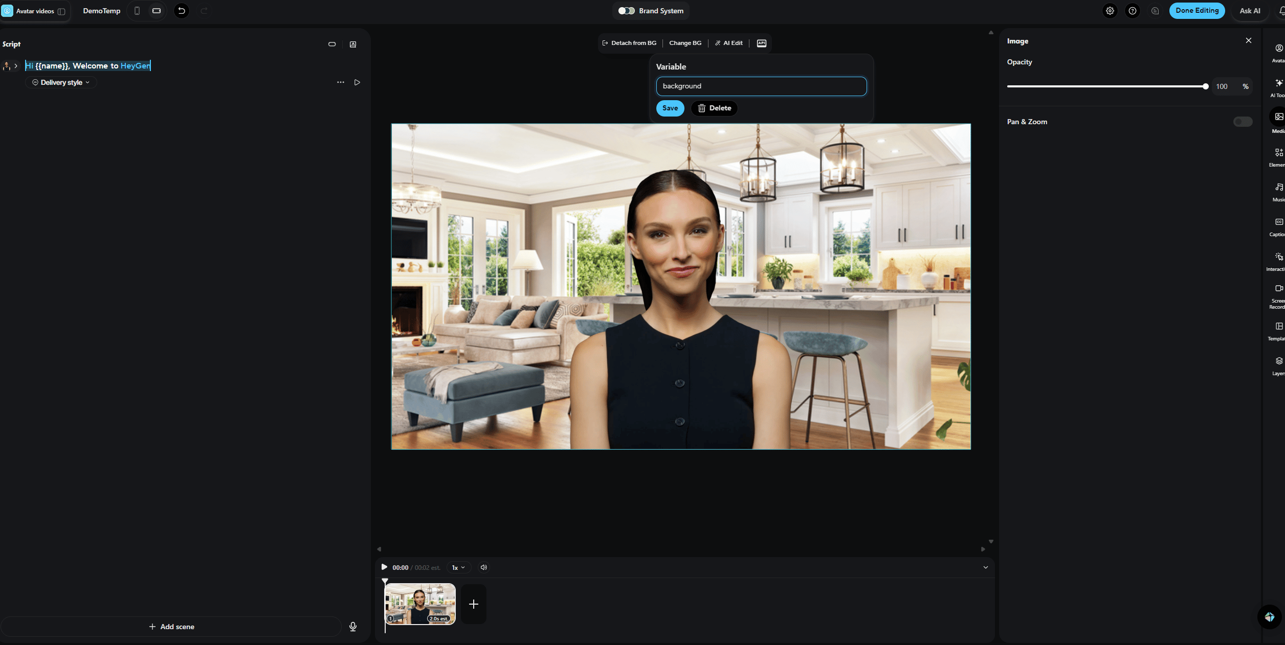 Background selected with the API button, naming the image variable background