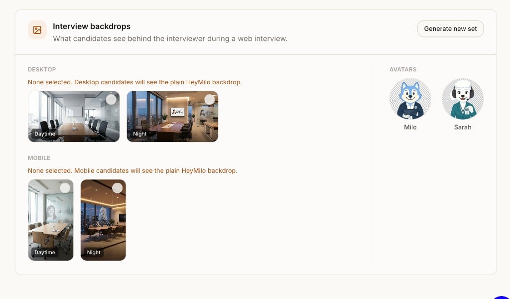 Interview backdrops settings showing desktop and mobile backdrop options and avatars
