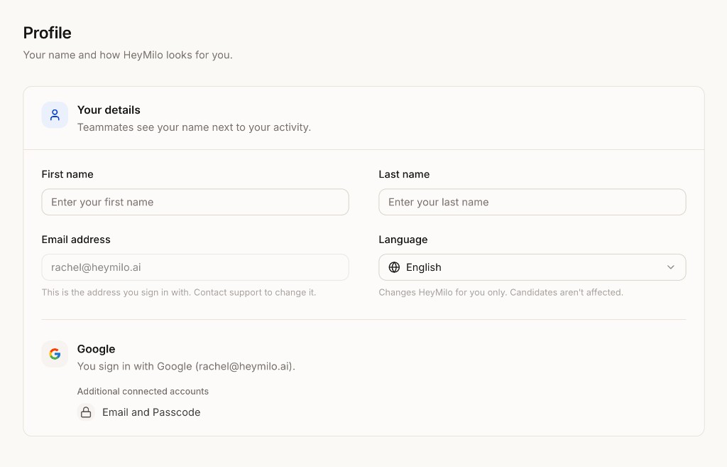 Profile settings page showing name, email, language, and connected accounts