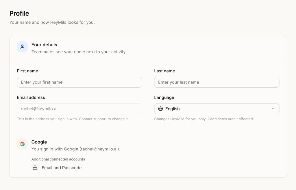 Profile settings page showing name, email, language, and connected accounts