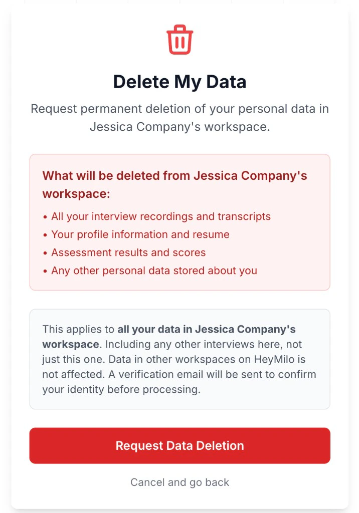 Delete My Data modal
