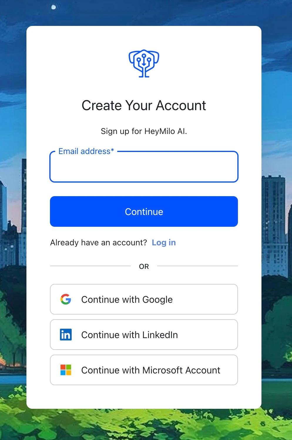 Create account screen