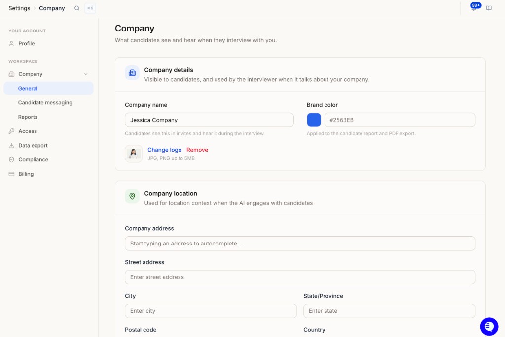 Company General settings showing company details, location, and interview backdrops