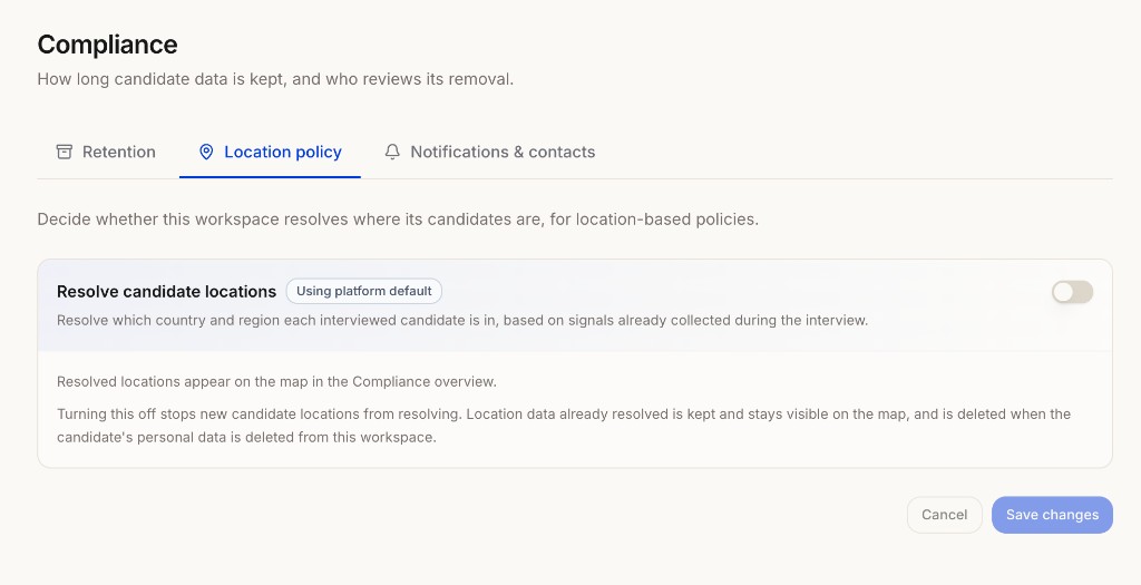 Location policy tab with the Resolve candidate locations toggle