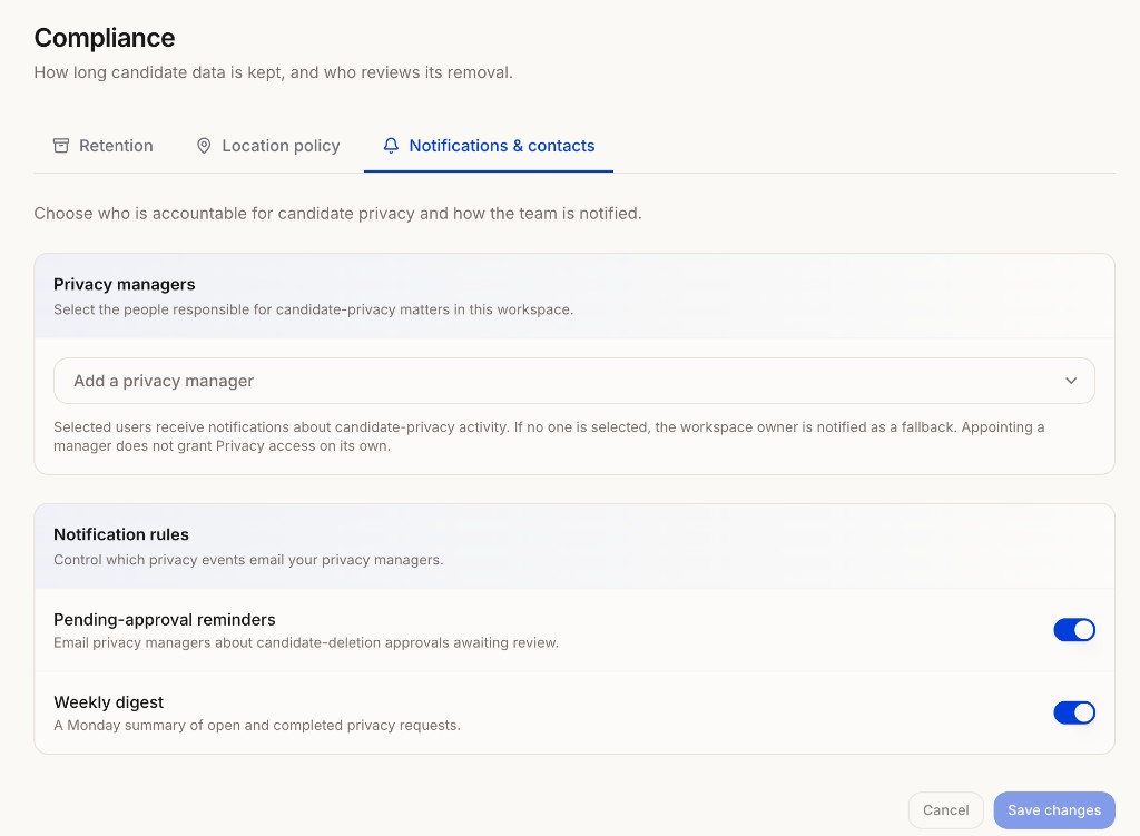 Notifications and contacts settings