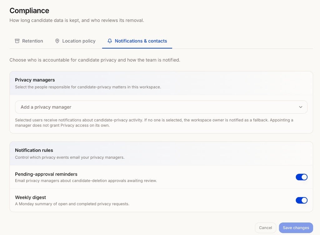 Notifications and contacts settings