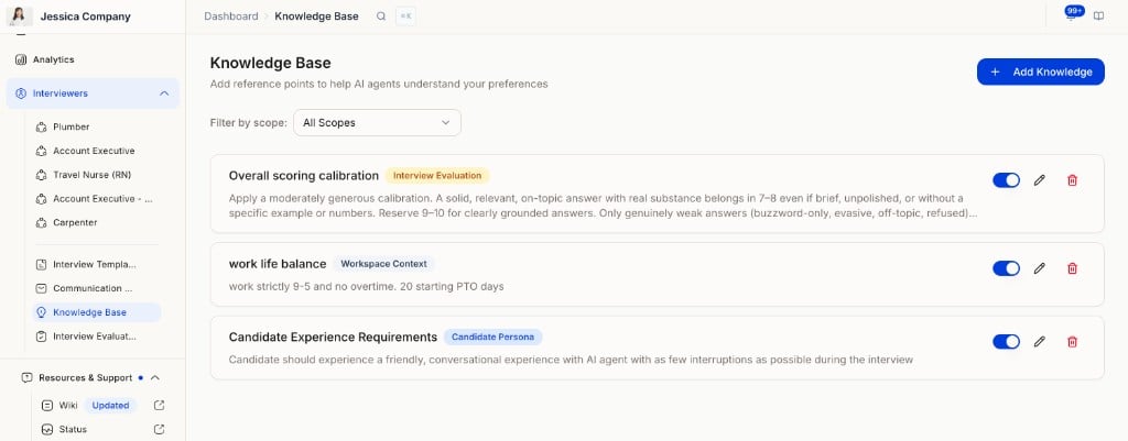 Knowledge Base list showing Overall scoring calibration entry with Interview Evaluation scope tag