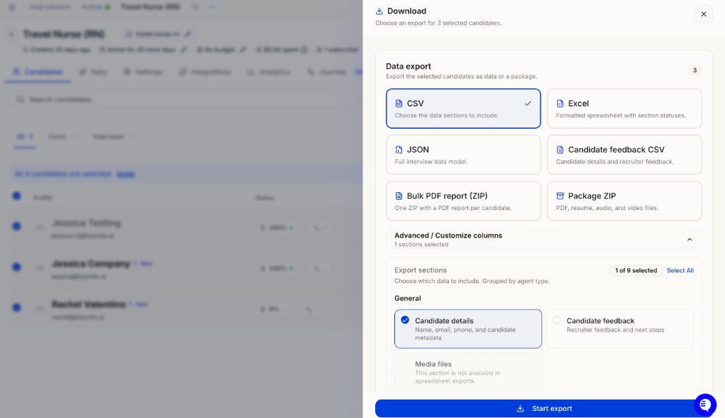 Download modal with CSV, Excel, JSON, Candidate feedback CSV, Bulk PDF report, and Package ZIP options