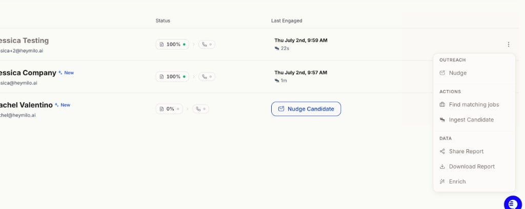 Candidate list row menu with Nudge, Find matching jobs, Ingest Candidate, Share Report, Download Report, and Enrich