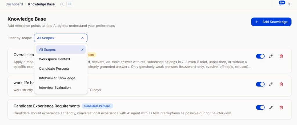 Knowledge Base list with scope filter dropdown open