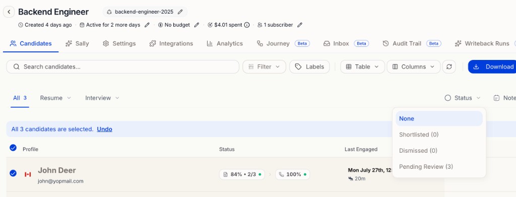 Candidate list with the Status dropdown open showing None, Shortlisted, Dismissed, and Pending Review options with counts