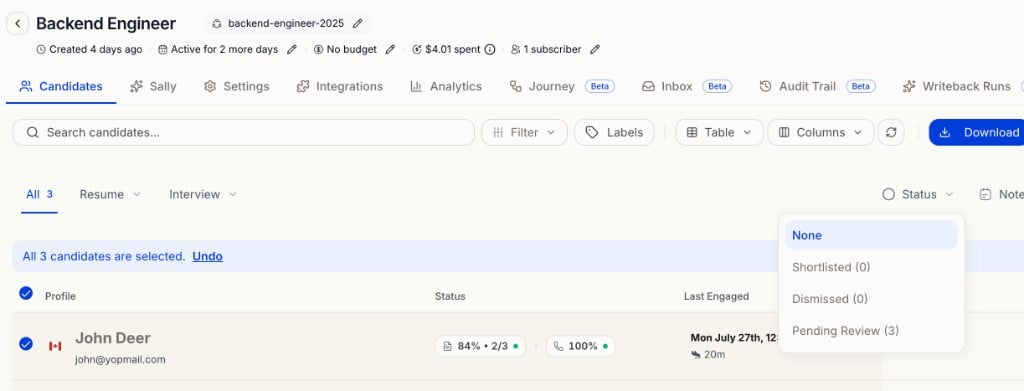 Candidate list with the Status dropdown open showing None, Shortlisted, Dismissed, and Pending Review options with counts