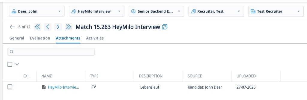 Attachments tab on the Carerix match record with the HeyMilo interview report listed