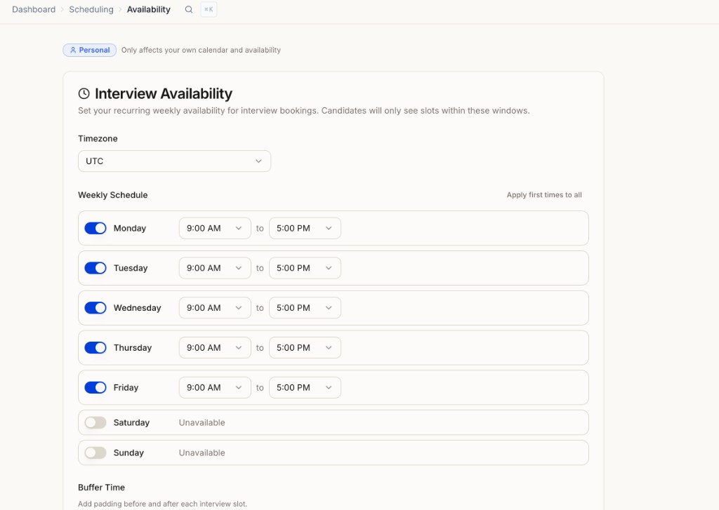Interview Availability page with timezone, weekly schedule toggles, and buffer time settings