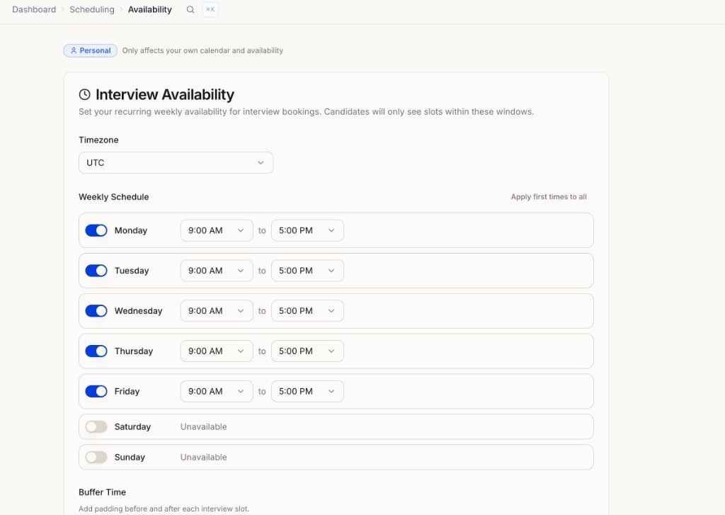 Interview Availability page with timezone, weekly schedule toggles, and buffer time settings