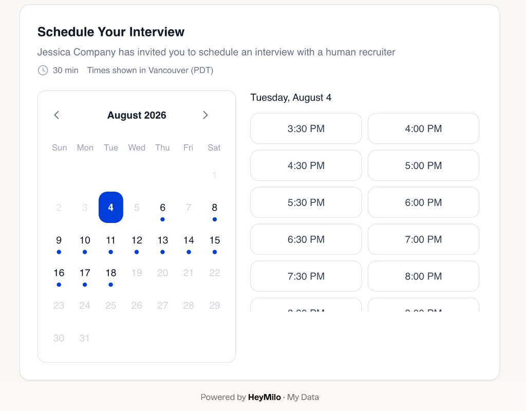 Schedule Your Interview page candidates see, with a calendar and available time slots in their timezone