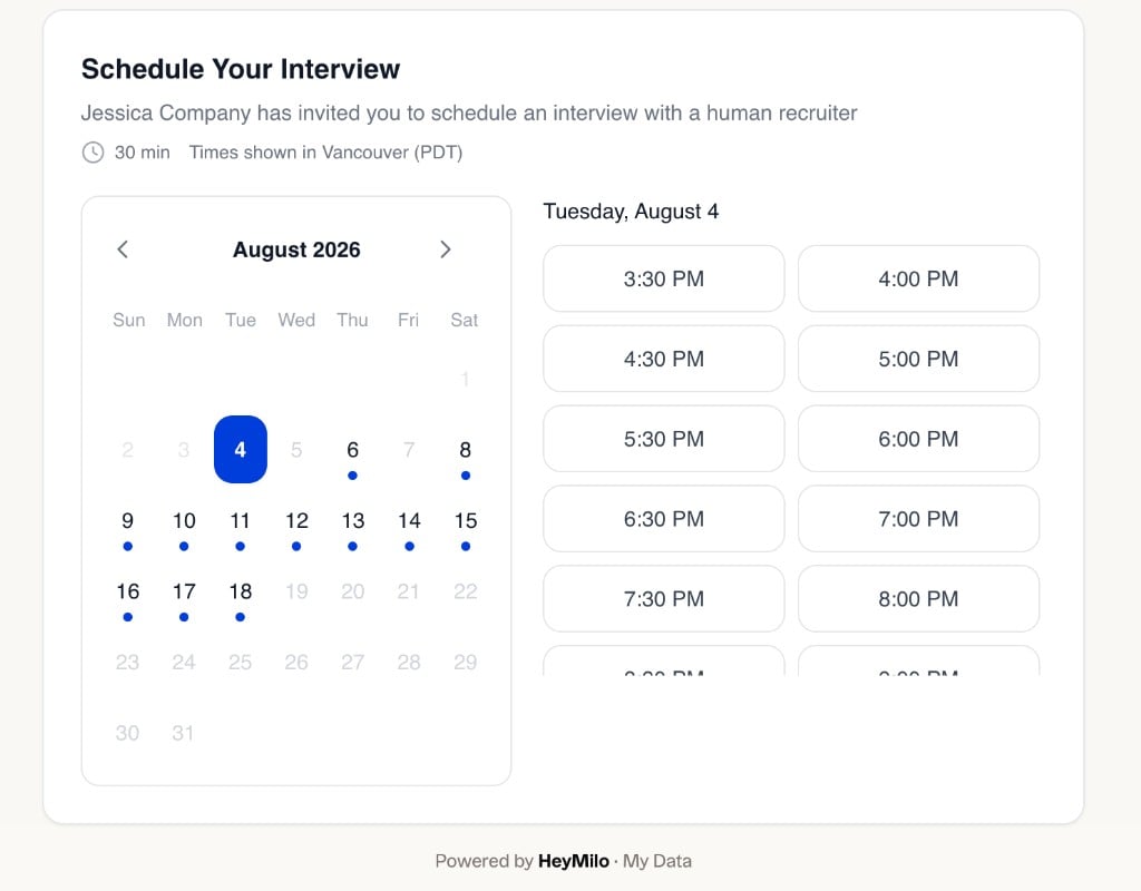 Schedule Your Interview page candidates see, with a calendar and available time slots in their timezone
