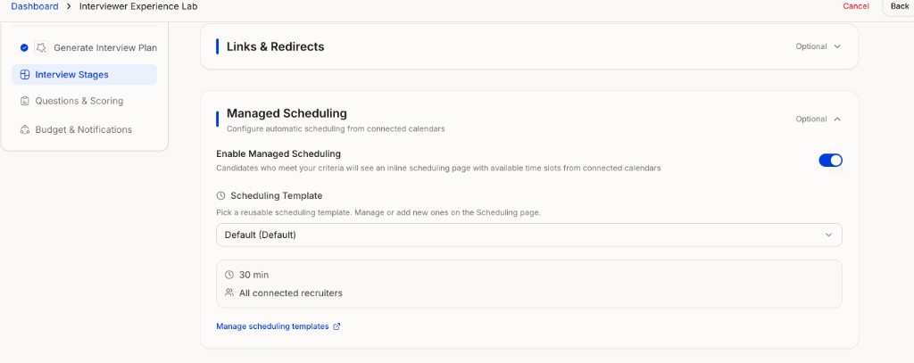Managed Scheduling section in agent creation with the enable toggle and scheduling template picker